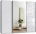 Armario de puertas correderas de 3 puertas, 250 cm ancho/216 cm alto/65 cm fondo, blanco con frente de cristal, espejo y perfiles de agarre negros, incl. cierre suave, armario con estantes, barras para ropa, cajones y compartimentos / 22033
