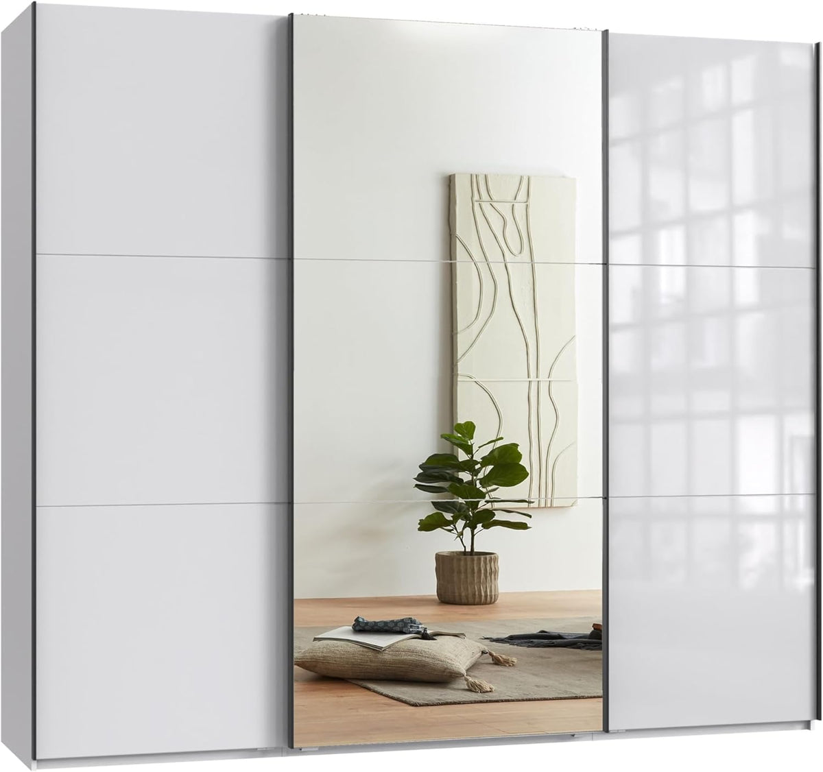 Armario de puertas correderas de 3 puertas, 250 cm ancho/216 cm alto/65 cm fondo, blanco con frente de cristal, espejo y perfiles de agarre negros, incl. cierre suave, armario con estantes, barras para ropa, cajones y compartimentos / 22033