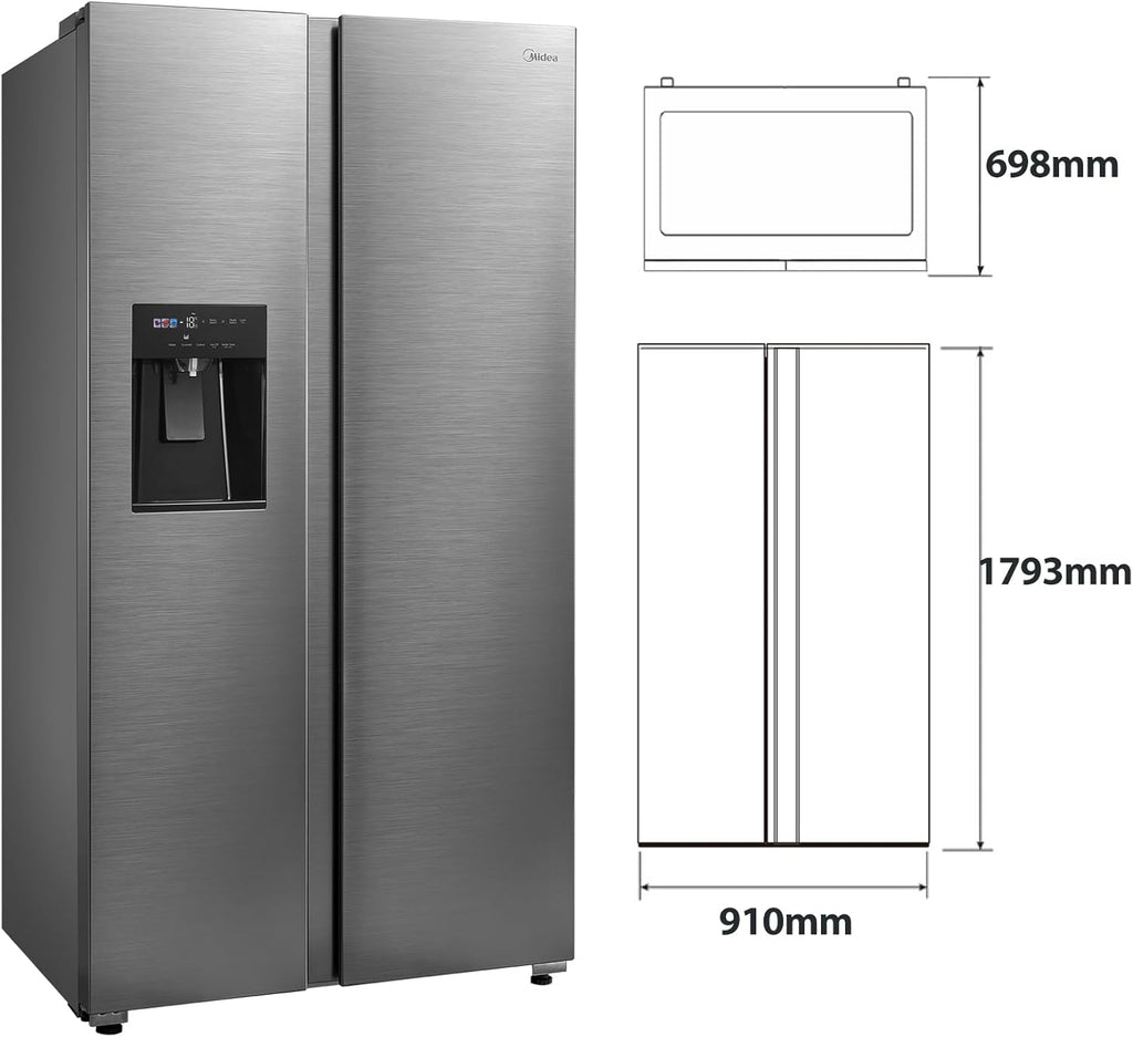 Midea KS-DDX 6.32 WT Frigorífico americano / 178,8 cm de altura / 254 kWh/año / No Frost / Compresor Dual Inverter / con dispensador de agua/hielo 3 en 1 y depósito de agua, Dark Inox
