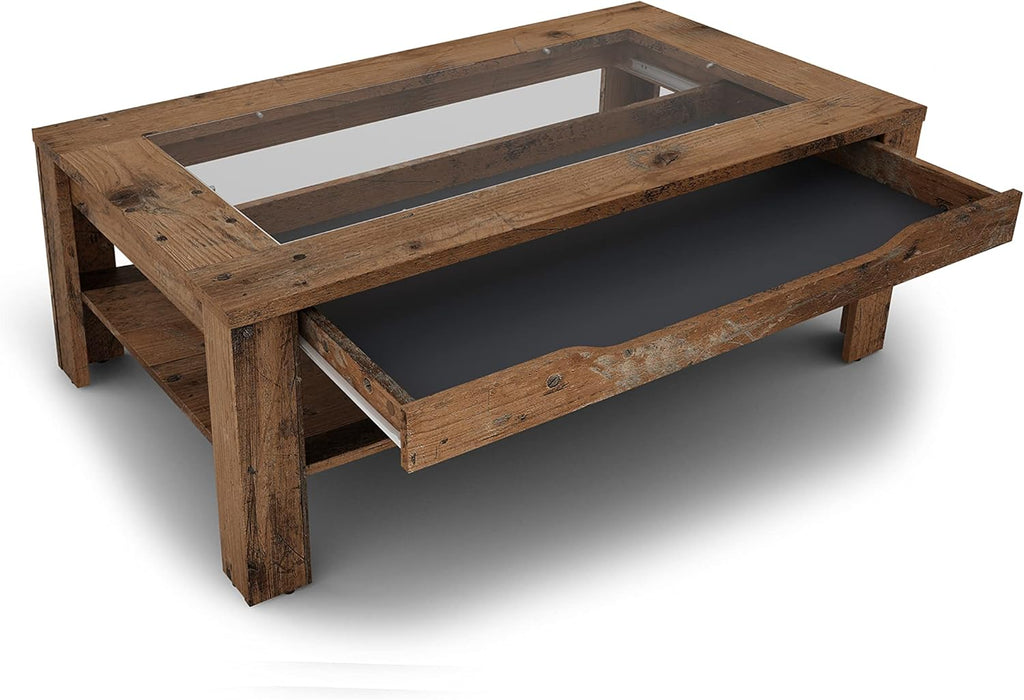 Mesa de centro Ralph de byLIVING / aspecto de madera vieja de roble marrón oscuro / mesa de sofá con incrustaciones de vidrio y un cajón espacioso en marrón / mesa auxiliar con mucho espacio de almacenamiento / An 110, Al 43, Pr 67 cm