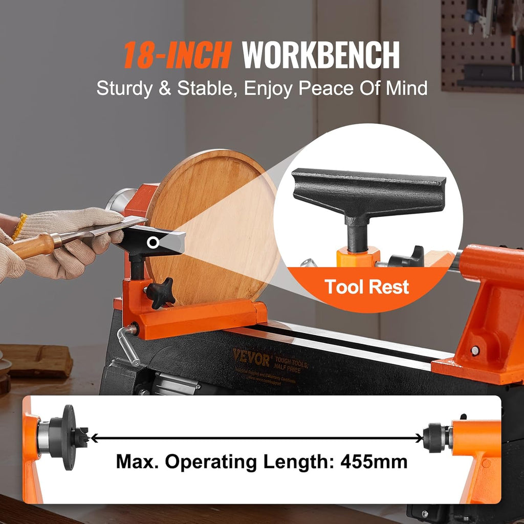 VEVOR Tour à Bois Établi 254x455 mm Tour à Bois Électrique 370 W 0,5 CV 5 Vitesses Réglables 680/1100/1600/2200/3200 tr/min Tige Injection Clés Plaque Patins Outil Rotatif Travail pour Bois Bricolage