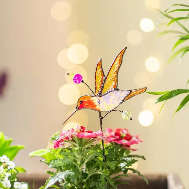 Set de estacas para plantas de colibrí de cristal, decoración floral para interiores, pintado a mano