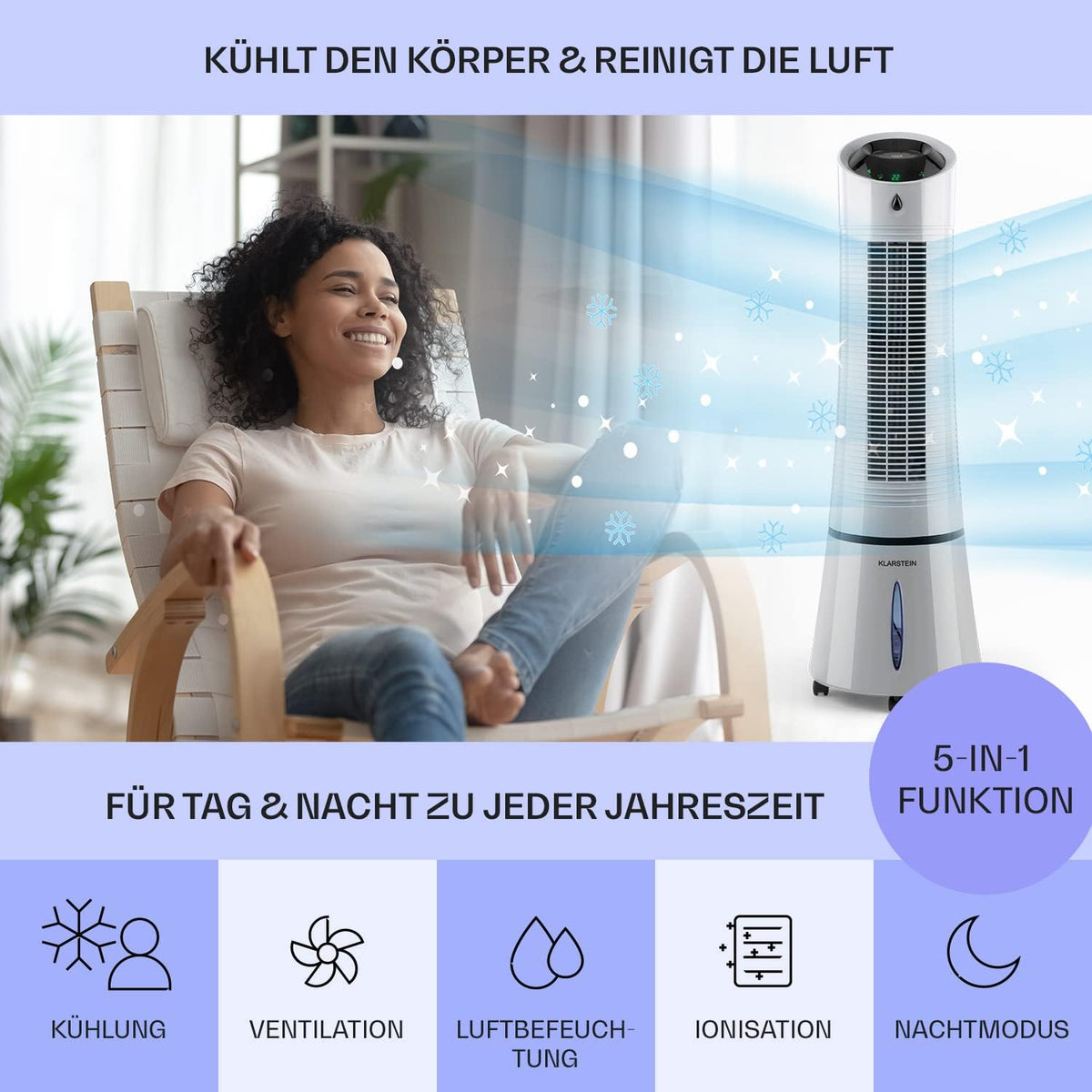 Klarstein 4 en 1: Enfriador de aire inteligente, ventilador, humidificador e ionizador I Depósito de agua de 6 L, oscilación, 30 W, 210 m³/h, temporizador I Aire acondicionado sin tubo de escape, aire acondicionado portátil, negro-oro rosa