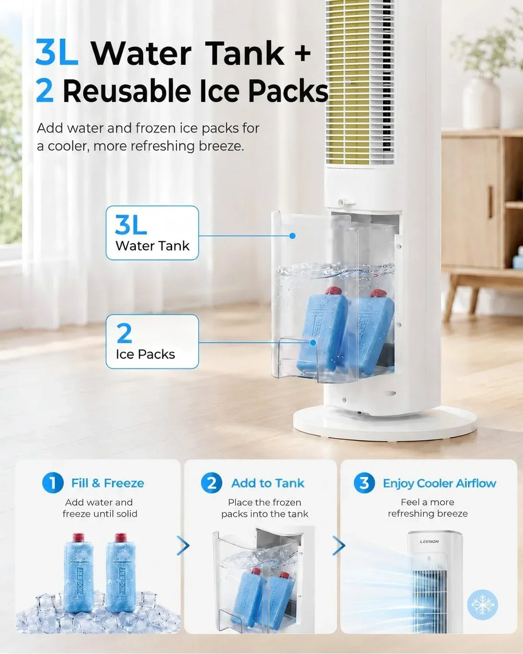 Ventilador de torre con refrigeración por agua ATF-026L 38 pulgadas 60W, enfriador evaporativo con control remoto, 3 velocidades, temporizador de 12H