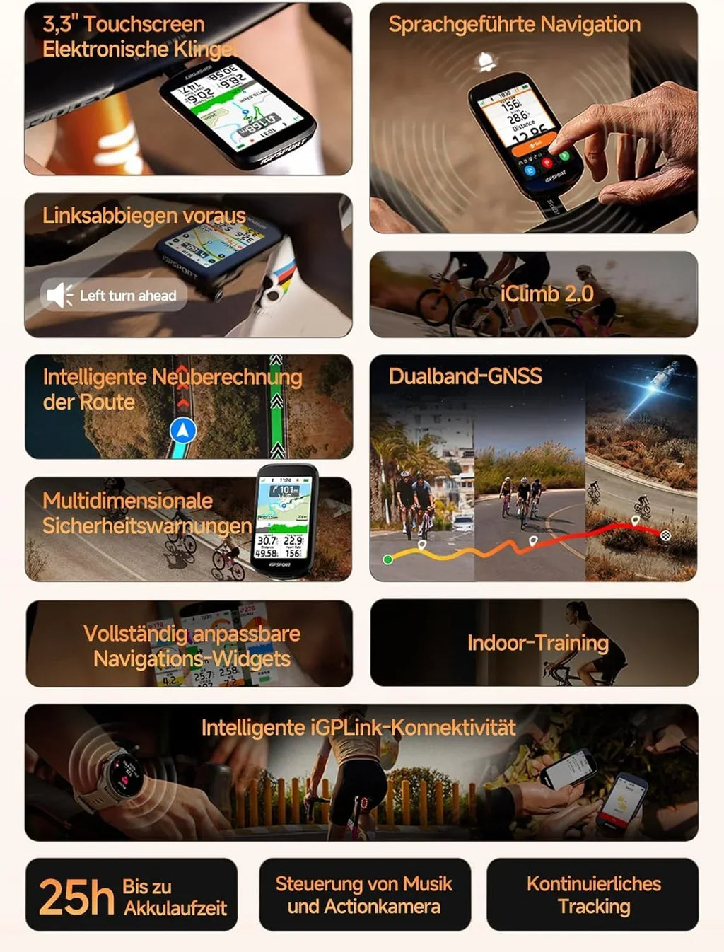 Ciclocomputador BSC500 con navegación GPS, pantalla a color de 3,3 pulgadas, pantalla táctil, IPX7, ANT+, Bluetooth, modo bicicleta eléctrica y función de mapas