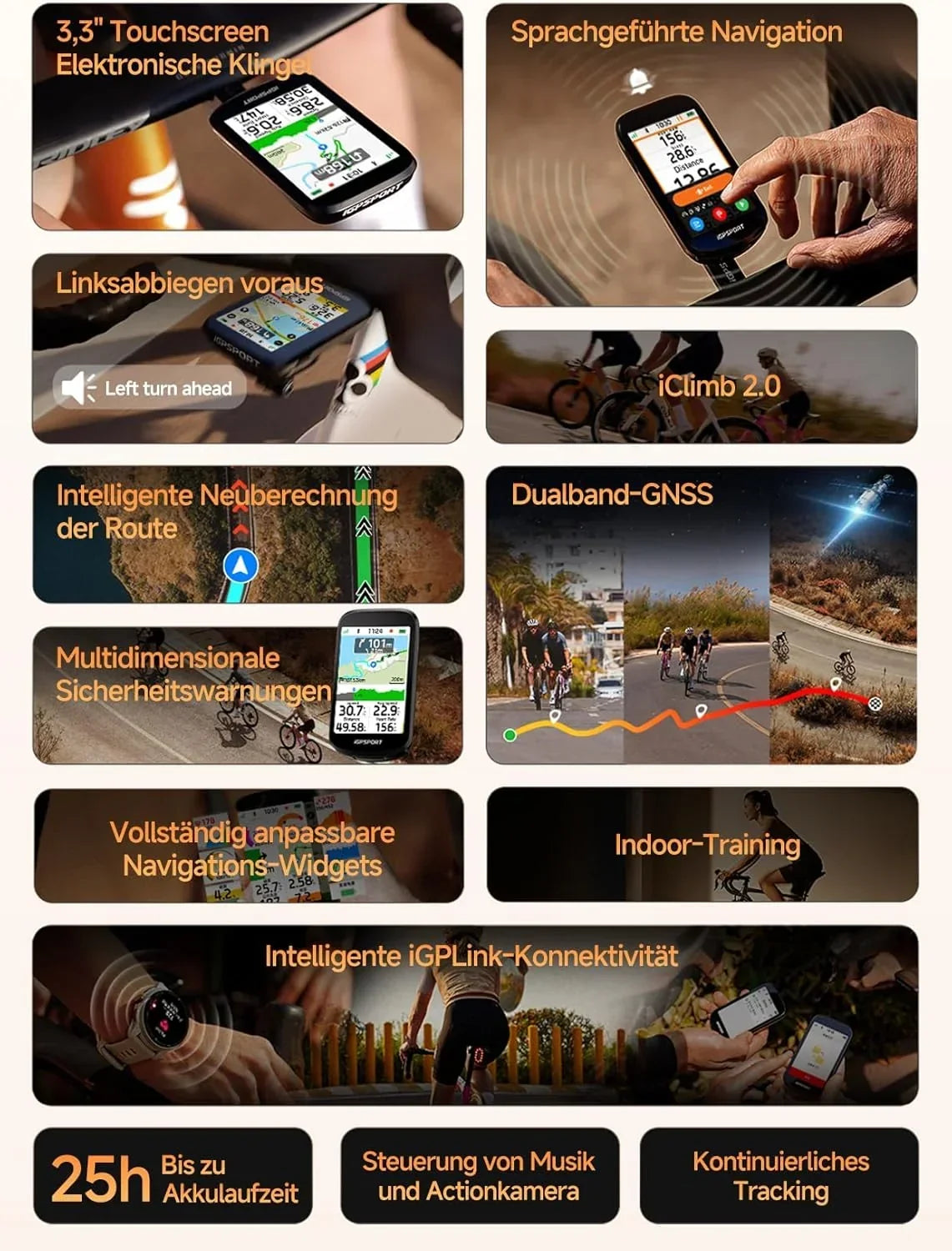 Ciclocomputador BSC500 con navegación GPS, pantalla a color de 3,3 pulgadas, pantalla táctil, IPX7, ANT+, Bluetooth, modo bicicleta eléctrica y función de mapas