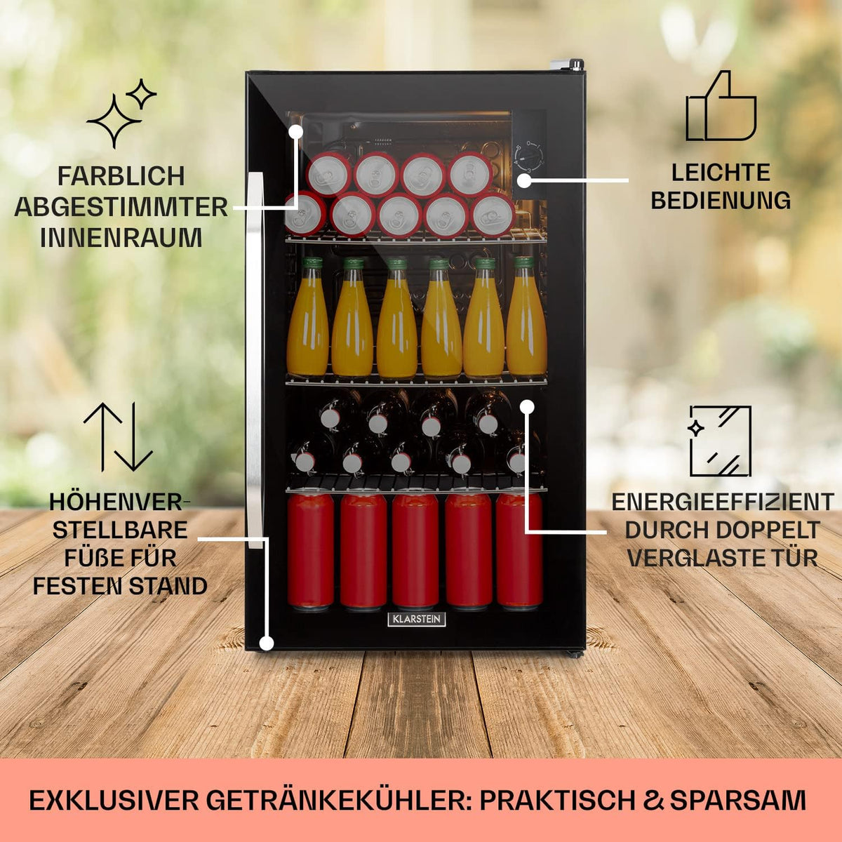 Mininevera Klarstein con puerta de cristal para habitaciones, refrigerador de bebidas con estantes ajustables, pequeño de 80 litros, frigorífico silencioso para interiores/exteriores