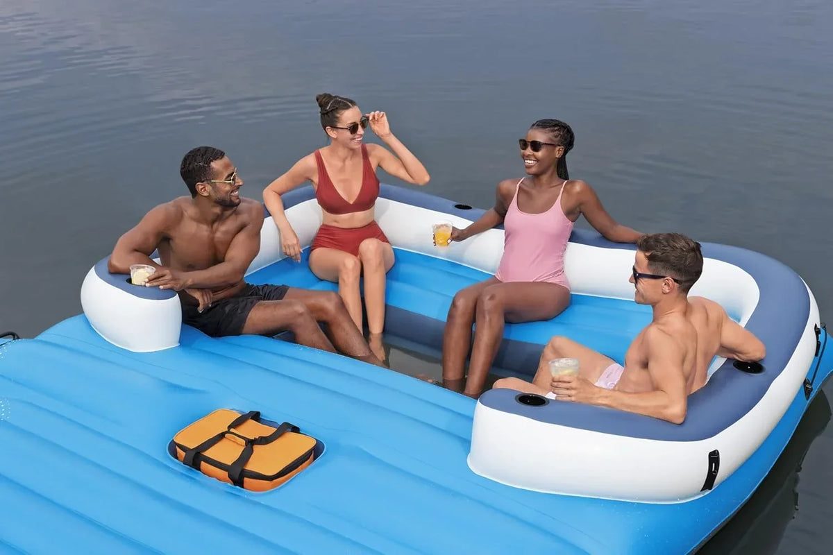 Isla flotante Tropical Breeze 43105 para 6 personas de 389 x 274 cm con toldo, bolsa térmica, 6 posavasos y parche de reparación