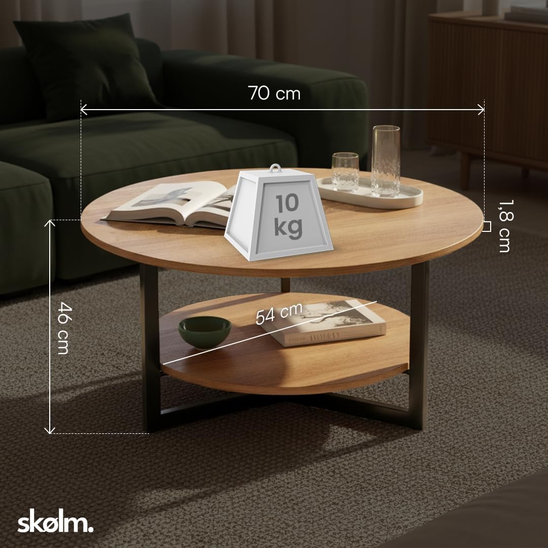 Mesa de centro redonda skølm Drakkar Ø70 cm – Mesa de salón de madera maciza de roble y estructura de metal – Mesa de sofá con 2 estantes – Mesa auxiliar pequeña aceitada – Mesa de madera para salón con espacio de almacenamiento – Mesa de centro