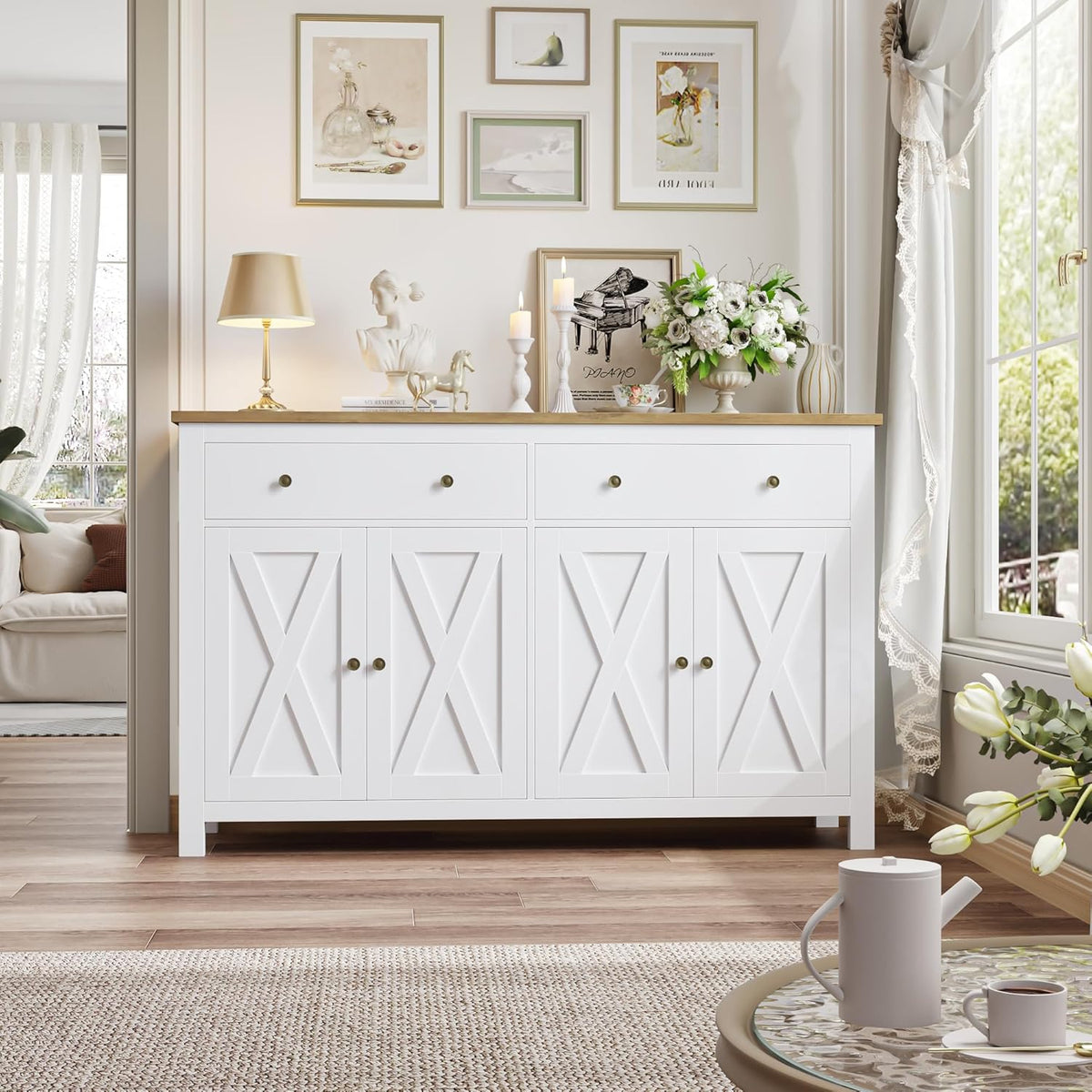 Aparador FirFurd de 140 cm de ancho, armario de cocina con encimera, alacena con 2 cajones y 4 puertas, mueble buffet de cocina con estante ajustable, aparador para cocina, salón y comedor, blanco, 140x89x40 cm