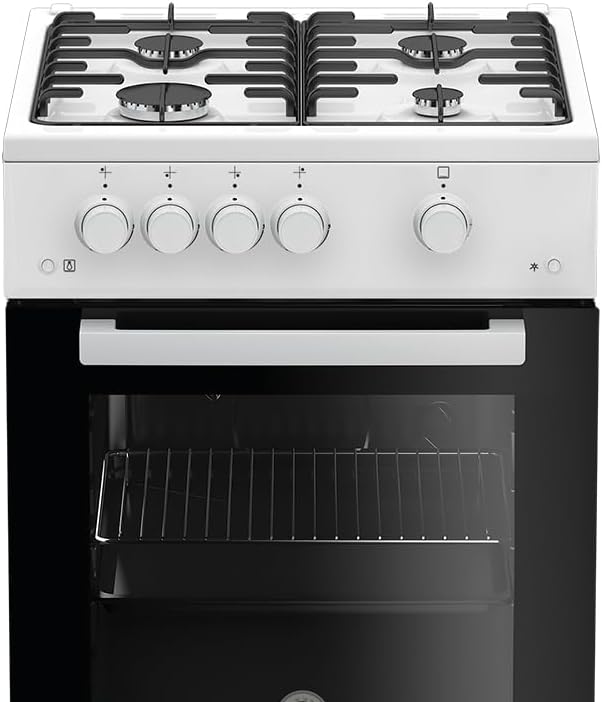 Cocina de gas independiente Beko FSG52010FW, horno de gas con placa de gas, 50 cm, 4 zonas de cocción, horno de gas con encendido eléctrico e indicador de temperatura interior, cristal interior extraíble, blanco