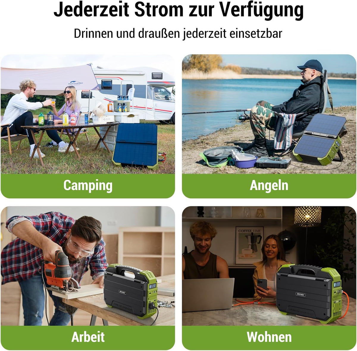 Estación de energía portátil BROWEY con panel solar, panel de carga solar propio de 12-40W, 614Wh, 1000W de potencia nominal, generador solar de 2000W de potencia máxima para camping al aire libre, caravaning y preparación para emergencias.