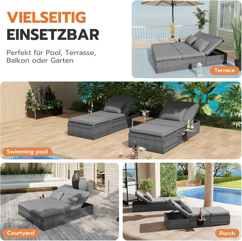 Tumbona doble Amopatio para 2 personas con mesa plegable, resistente a la intemperie, capacidad de carga de 200 kg, 200x160x30 cm, tumbona de jardín XXL de ratán, chaise longue ajustable para jardín, balcón y terraza, gris