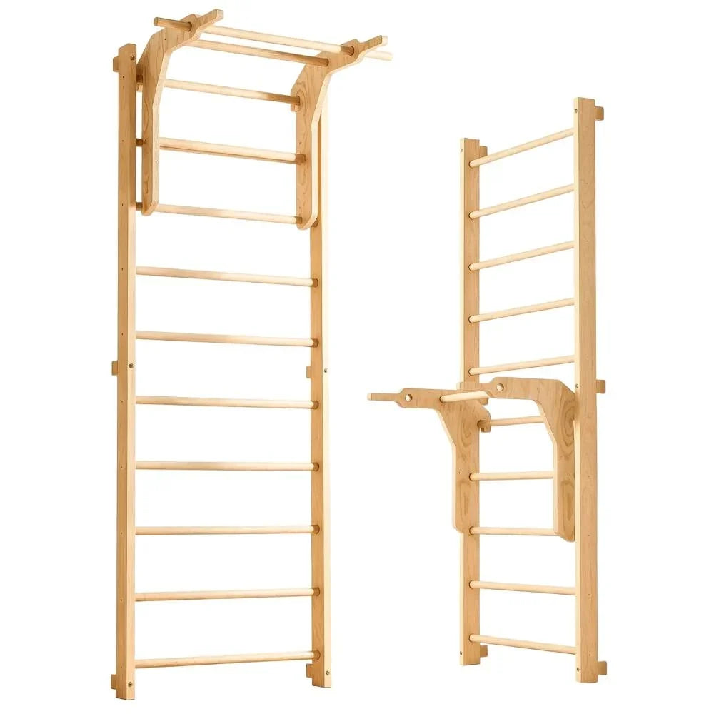 Espaldera de pared con barra de dominadas y extensión para fondos de 220 cm, fabricada en madera de haya y pino, hasta 150 kg