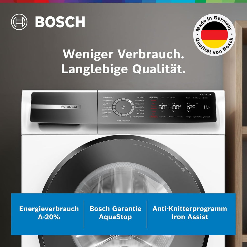Lavadora inteligente Bosch WGB244040 Serie 8, 9 kg, 1400 rpm, fabricada en Alemania, Active Water Plus para ahorro de energía y agua, vapor Iron Assist para eliminar arrugas, Mini Load