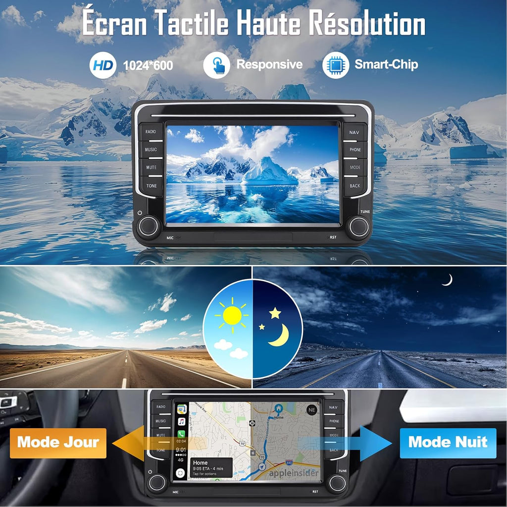 MRSXWPY Autorradio 2 DIN, Radio de coche de 7" para VW Golf, Passat, Seat, Touran, Skoda, CarPlay y Android Auto, Controles en el volante, Pantalla táctil y botones físicos, EQ, FM, Navegación GPS, MirrorLink