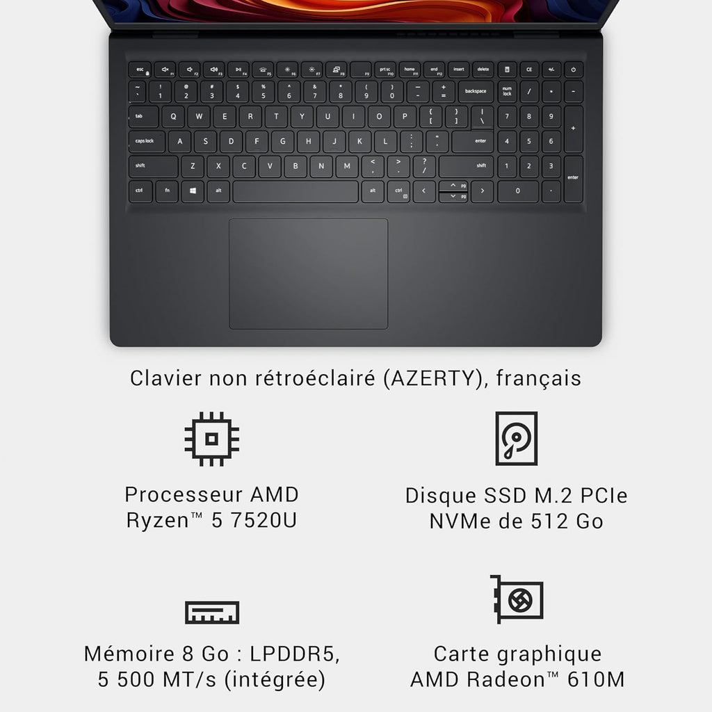 Dell 15 PC Portátil DC15255 15,6" FHD (1920 x 1080) 120 Hz, Procesador AMD Ryzen 5 7520U, Gráficos Radeon 610M, 8 GB LPDDR5, 512 GB SSD, Windows 11 Home, Teclado AZERTY - Negro Carbón