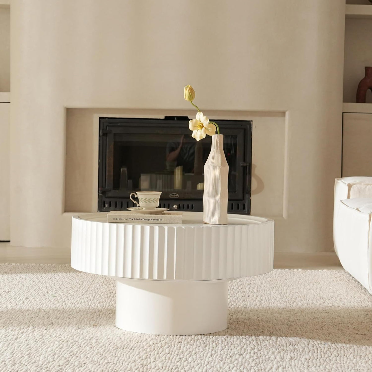 Mesa de centro redonda de madera, mesa de salón redonda con diseño acanalado, mesa de café en forma de seta de φ70×38 cm, mesa de centro redonda blanca de madera de pino para salón, habitación y balcón