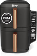 Freidora de aire Ninja Double Stack XL, 2 cajones verticales, 4 niveles de cocción, 2 rejillas, diseño compacto, capacidad de 9,5 L, 6 funciones, 8 raciones, pinzas, negro/cobre SL400EUCP