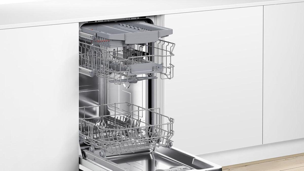 Bosch SPV2HMX42E, Serie 2, lavavajillas inteligente totalmente integrable, 45 cm de ancho, tercera bandeja para cubiertos, secado extra con solo pulsar un botón, cesta superior regulable en altura, motor silencioso y eficiente, con aquaStop