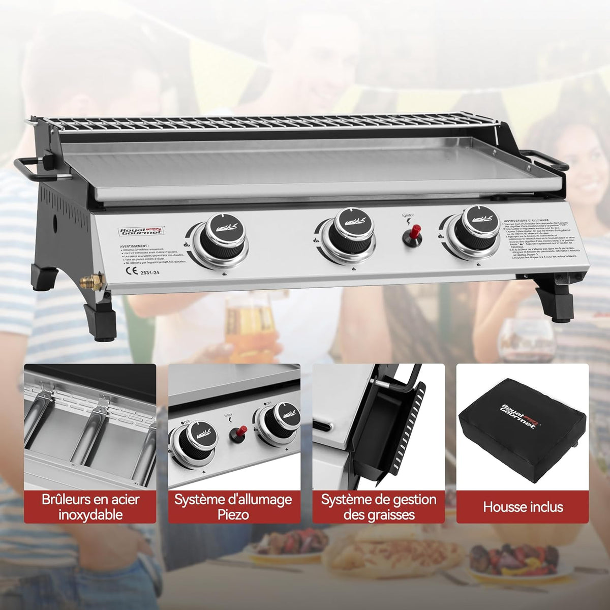 Plancha de gas propano Royal Gourmet de acero inoxidable, 3 quemadores de 7,5 kW, superficie de cocción de 61,5 x 32 cm con rejilla de calentamiento, adecuada para camping y exteriores, plateada