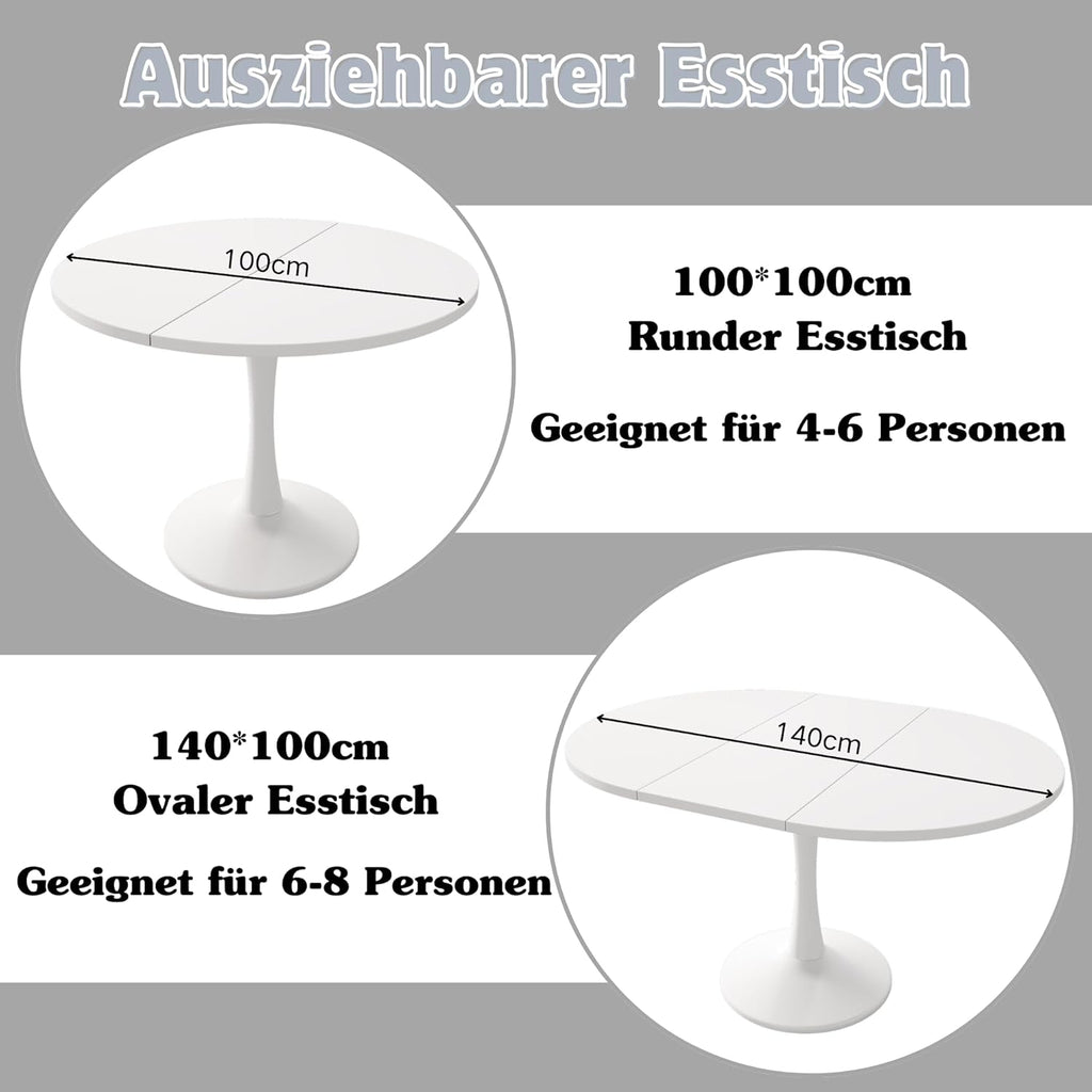 Mesa de comedor redonda extensible, 100/140x100x75 cm, mesa de comedor elíptica de madera para 2-8 personas, mesa de centro para cena, sala de estar y comedor (completamente blanca)