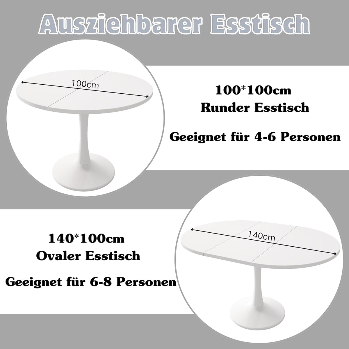 Mesa de comedor redonda extensible, 100/140x100x75 cm, mesa de comedor elíptica de madera para 2-8 personas, mesa de centro para cena, sala de estar y comedor (completamente blanca)