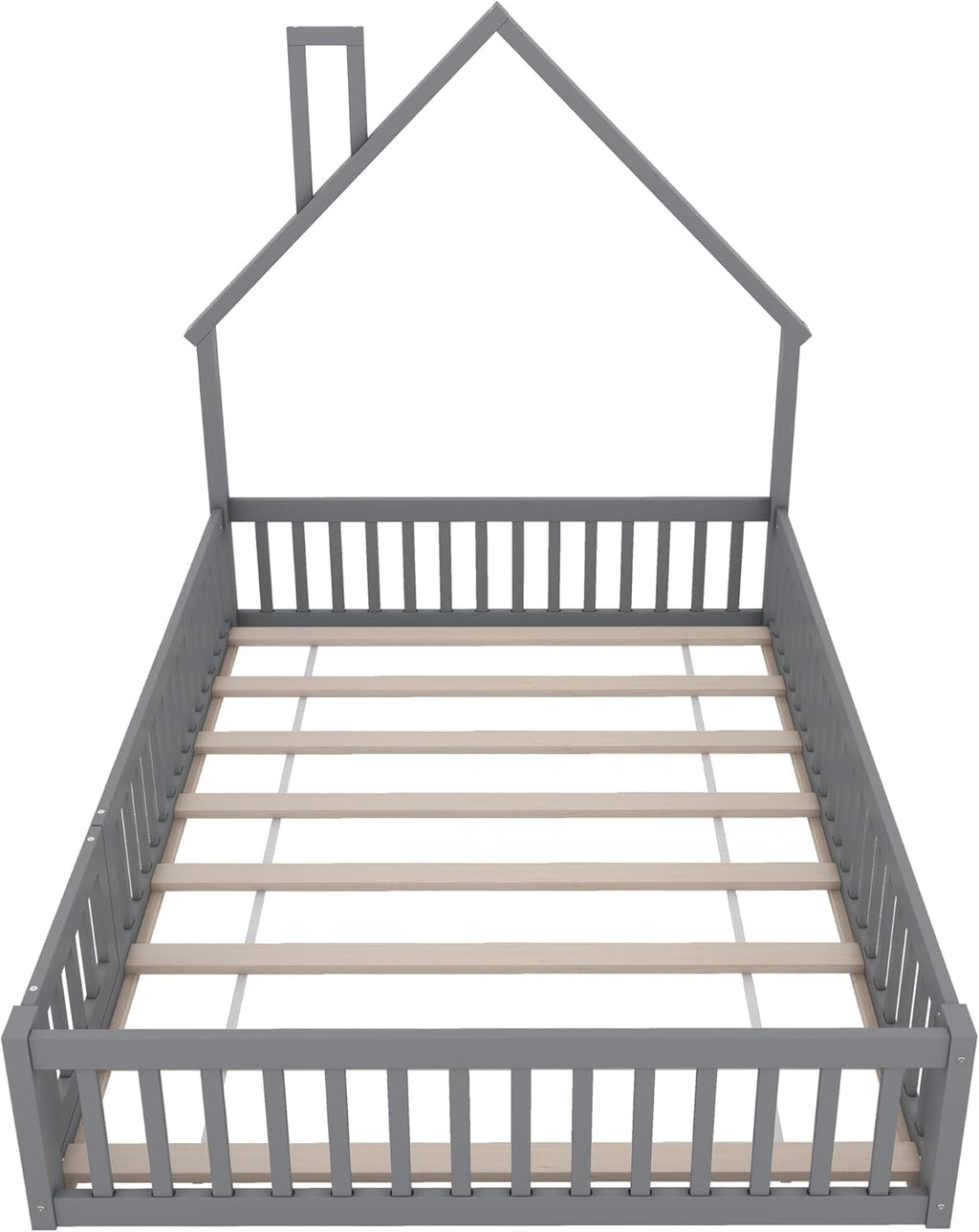 Cama infantil al suelo Merax 140x200 cm, cama casita con protección anticaídas y somier, forma de chimenea, valla abatible - Cama Montessori, cama juvenil, estructura de cama de madera (sin colchón), gris