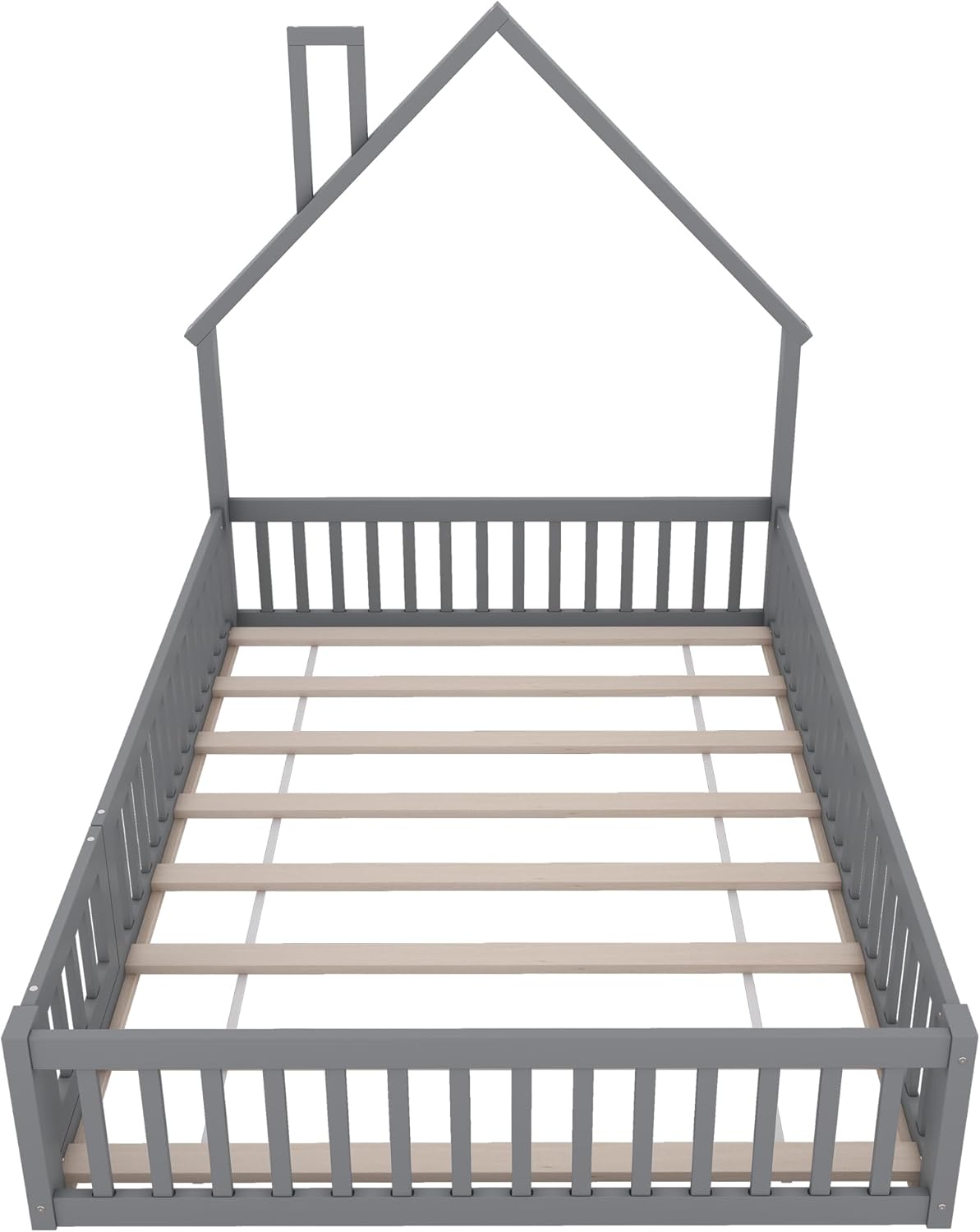 Cama infantil al suelo Merax 140x200 cm, cama casita con protección anticaídas y somier, forma de chimenea, valla abatible - Cama Montessori, cama juvenil, estructura de cama de madera (sin colchón), gris
