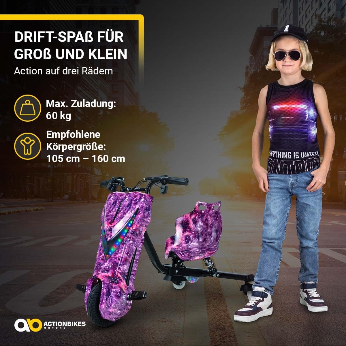 Actionbikes Motors Patinete Eléctrico Infantil para Derrapes | Motor de 𝟐𝟓𝟎 W - Carrito de Derrape 360° - 3 Niveles de Velocidad - Iluminación LED - Asiento Ajustable - Bluetooth - Kart de Derrape - Coche de Derrape (Space Purple)