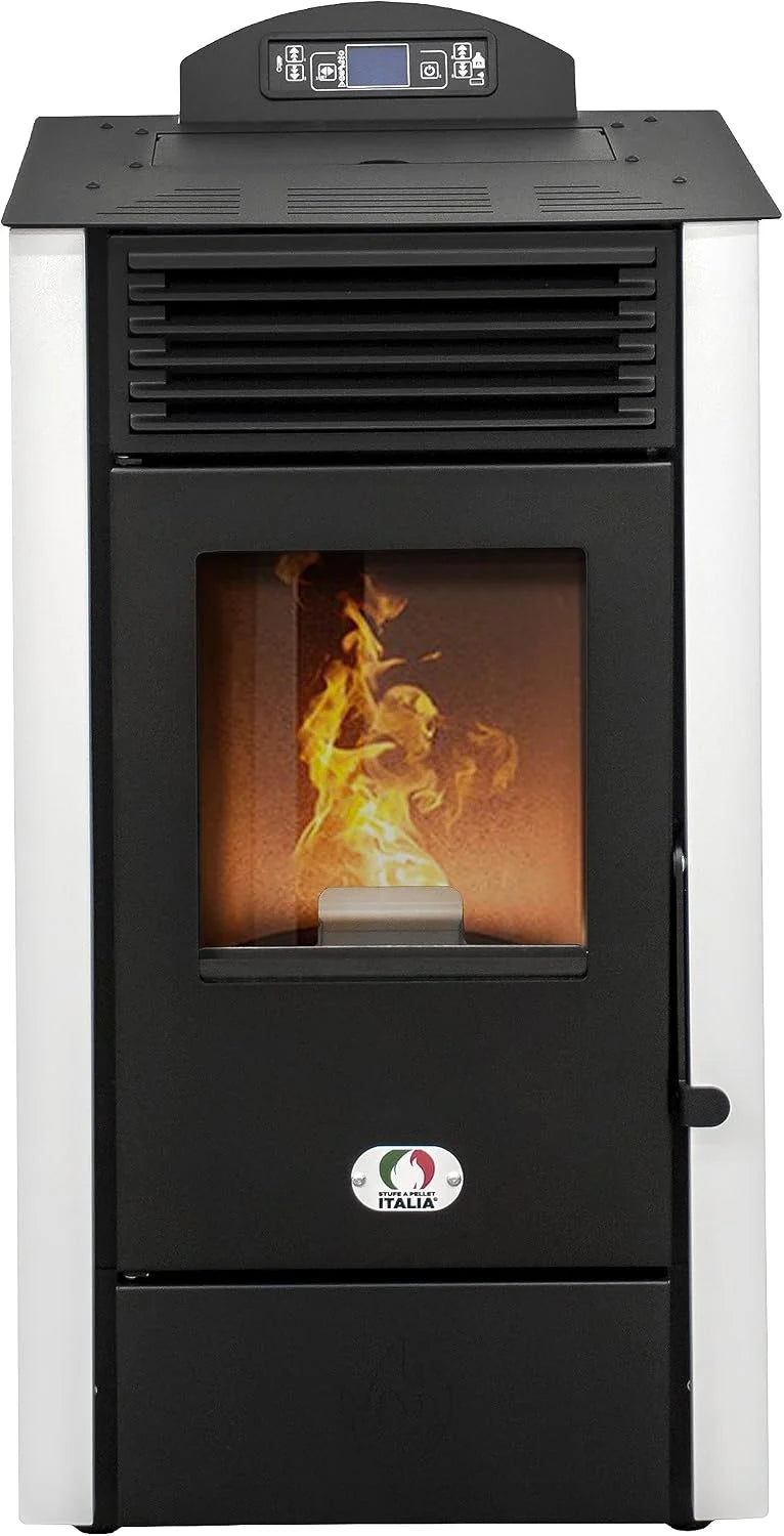 STUFE A PELLET ITALIA California 8 kW, wydajność, 91% ogrzewanie, 70 m², czas pracy 20 h, programowalny 5 prędkości i mocy, kompaktowa konstrukcja, 24 miesiące, biały