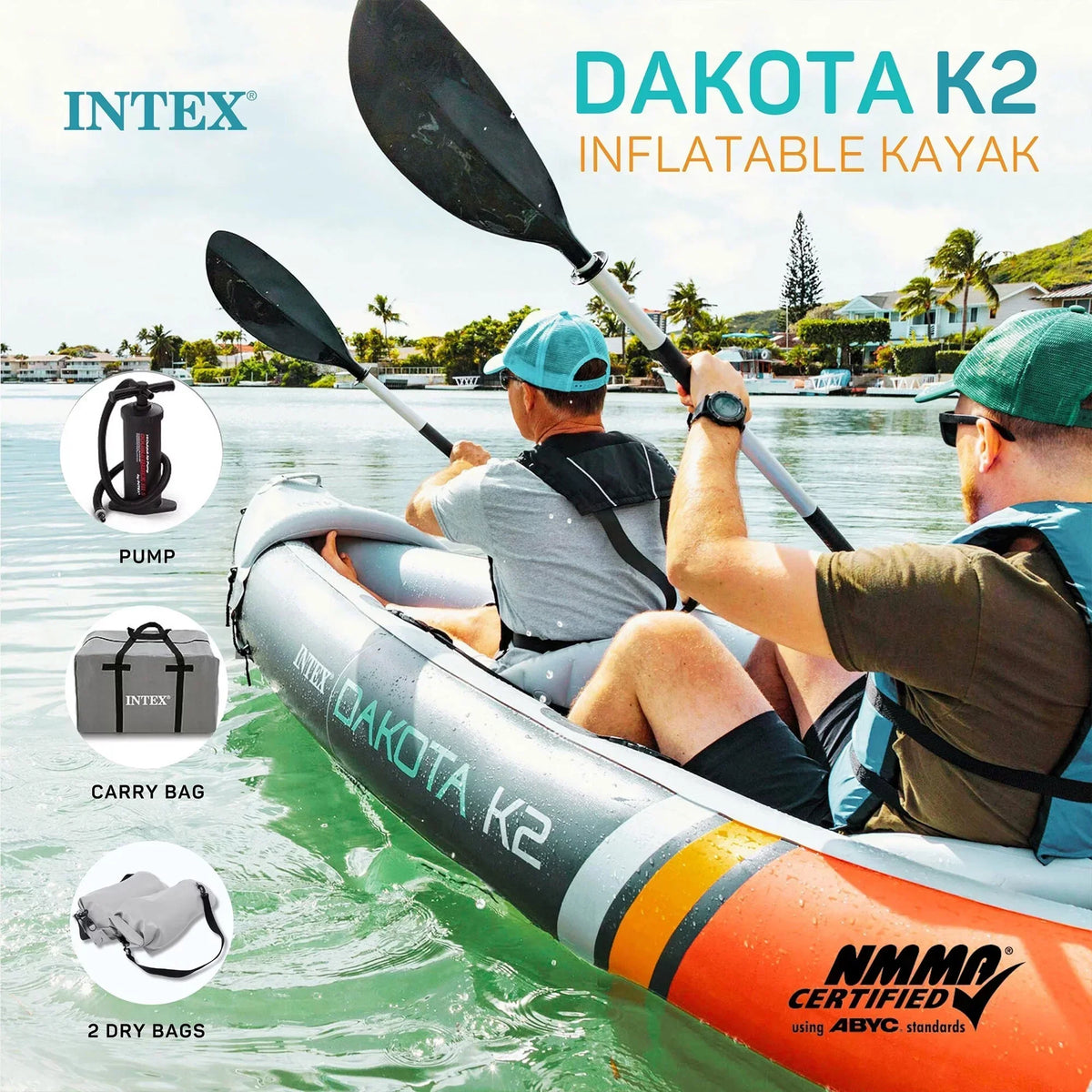 Kayak inflable de vinilo para 2 personas Intex Dakota K2 2025, con remos y bomba – Caja abierta