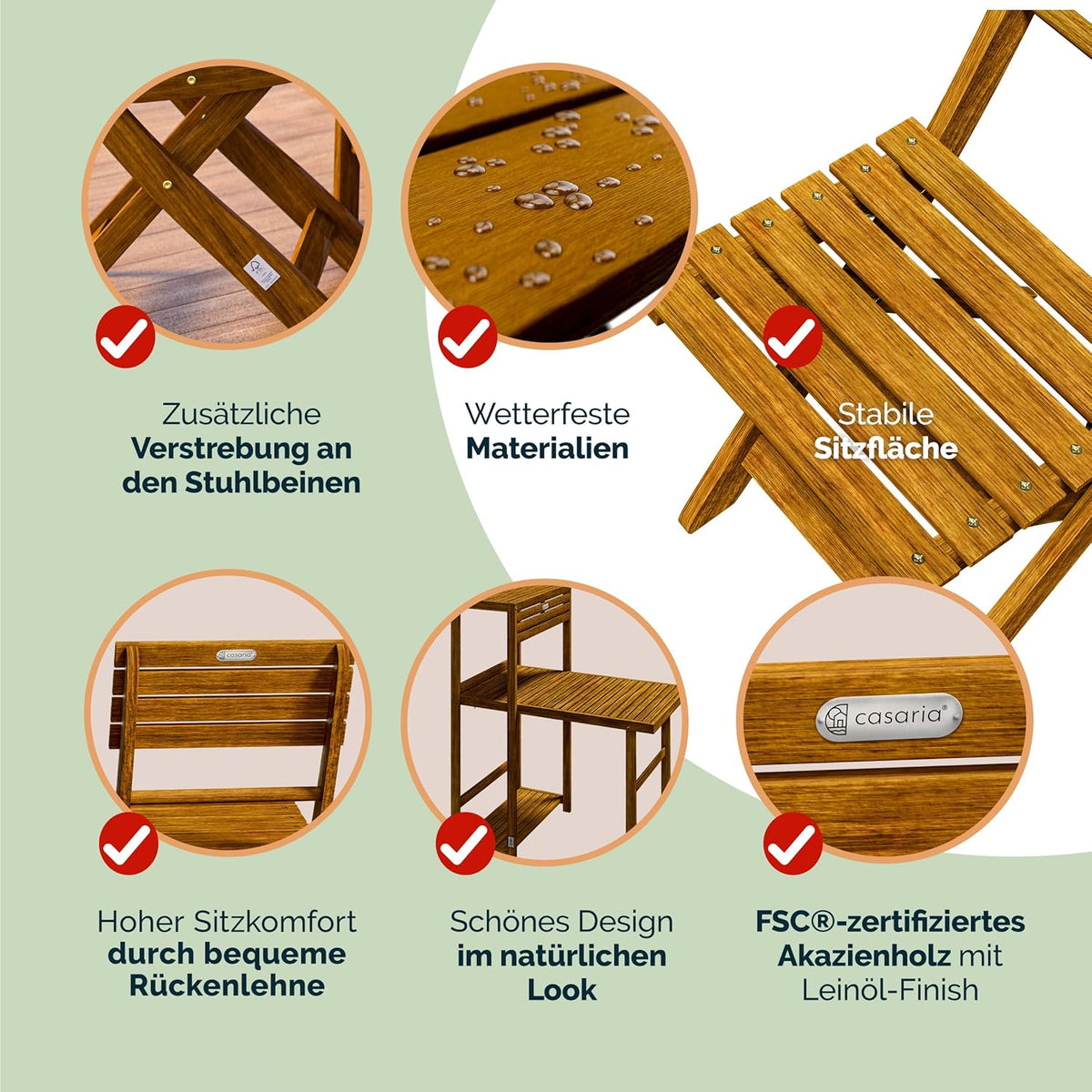 Set de balcón Casaria® para 2 personas, resistente a la intemperie, plegable, madera con certificación FSC®, capacidad de carga de 160 kg, 94x61x117 cm, para jardín, balcón, terraza, 3 piezas, muebles de balcón