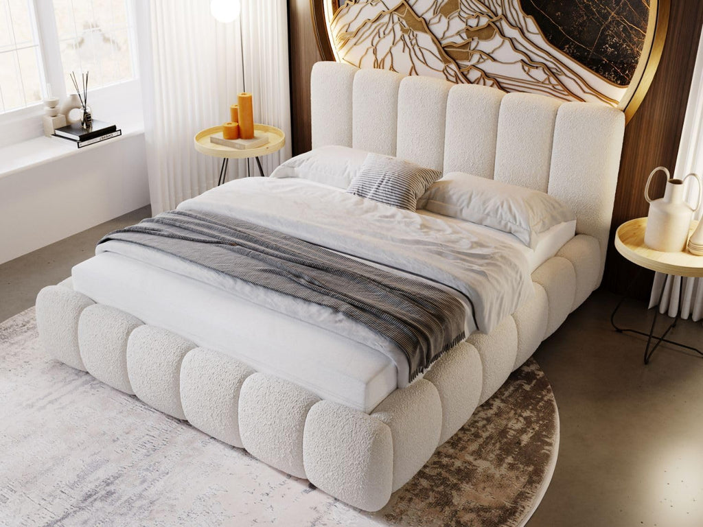 Cama tapizada GRAINGOLD Cloud 180x200 con arcón, cama tapizada con espacio de almacenamiento, tela de bouclé, con somier, con cabecero, sin colchón (beige, 180x200)