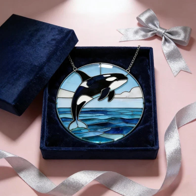 Atrapasol de cristal redondo con orca – Adorno para ventana, decoración oceánica, decoración costera y náutica