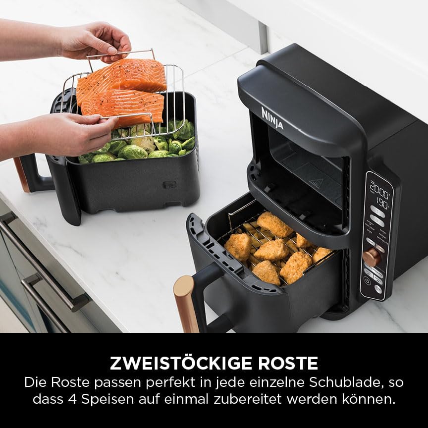Freidora de aire Ninja Double Stack XL, 2 cajones verticales, 4 niveles de cocción, 2 rejillas, diseño compacto, capacidad de 9,5 L, 6 funciones, 8 raciones, pinzas, negro/cobre SL400EUCP