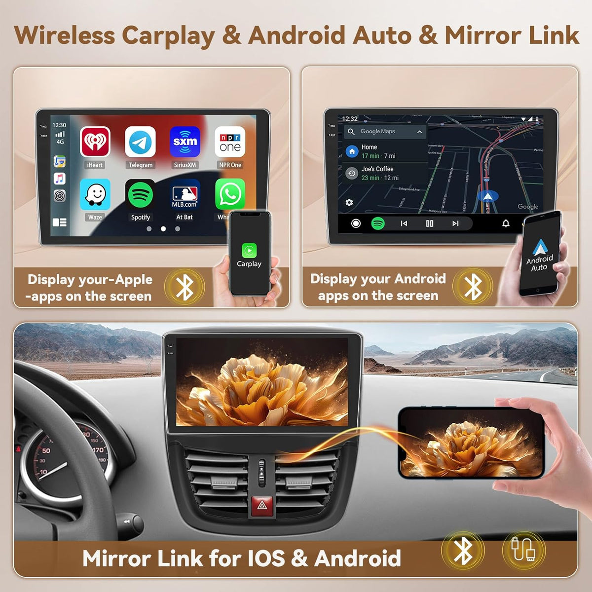 Autorradio Hikity Android 15 4+64 GB con pantalla táctil Incell de 9 pulgadas para Peugeot 207 2006-2010, radio de coche con Apple CarPlay y Android Auto inalámbricos, BT/WiFi/FM/RDS + cámara de visión trasera + micrófono