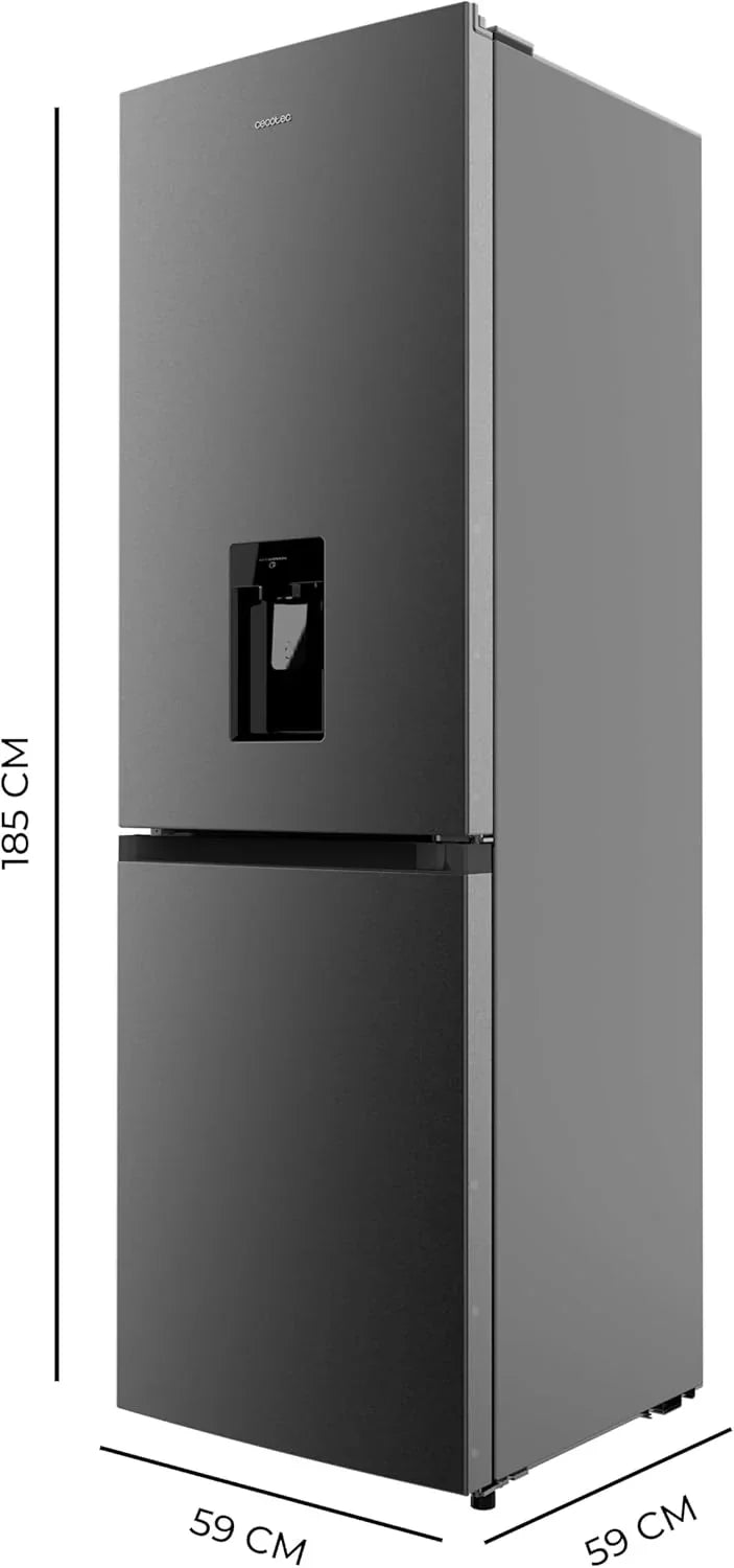 Frigorífico Combi Cecotec de 2 puertas con dispensador de agua Bolero CoolMarket Combi 296 DF WD Dark E. 296 L, 60 cm de ancho, funciones FastCooling, FastFreezing y DeFrost, luz LED interior, Dark Inox