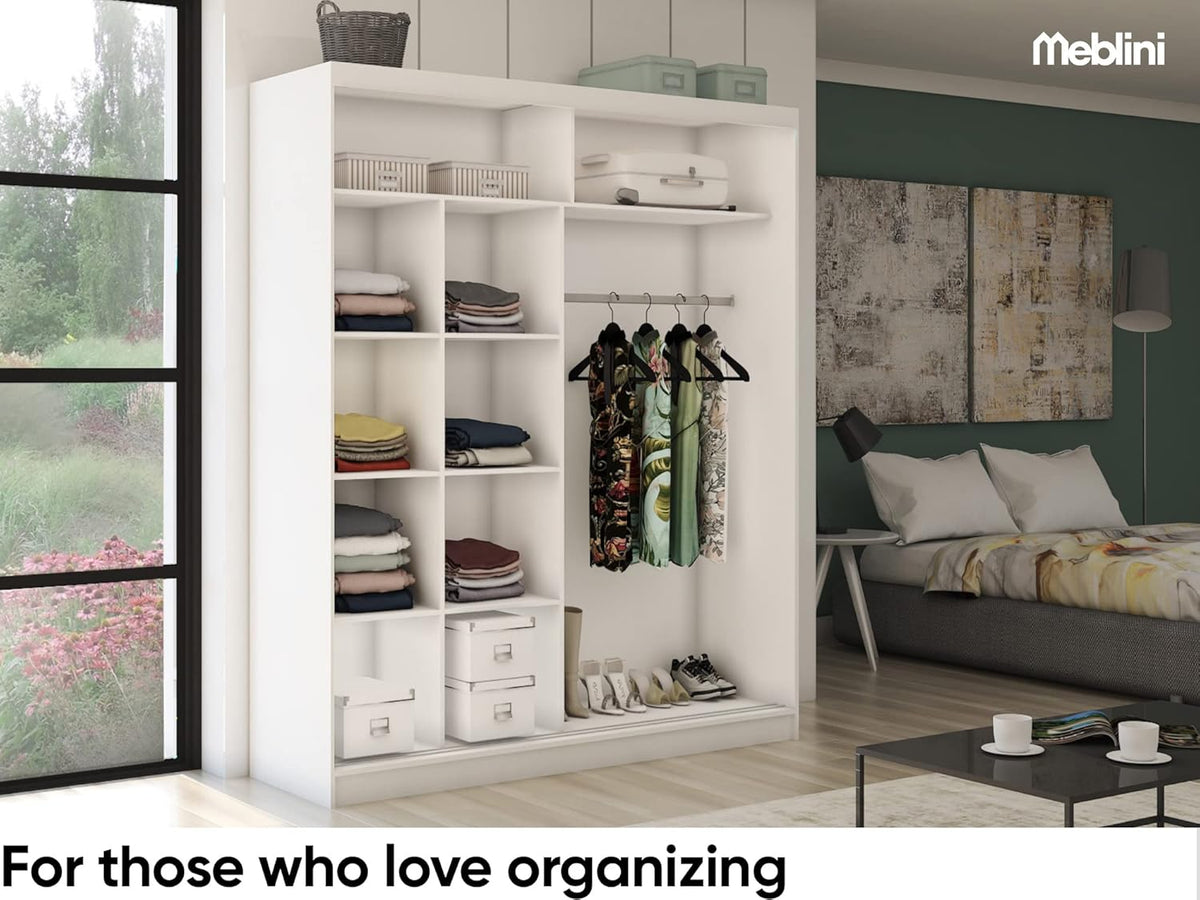 Armario MEBLINI con espejo, 2 puertas - Armario de puertas correderas con barra para colgar ropa - Armario de dormitorio con estantes - Armario ropero - Flores - 200 cm - Blanco + espejo