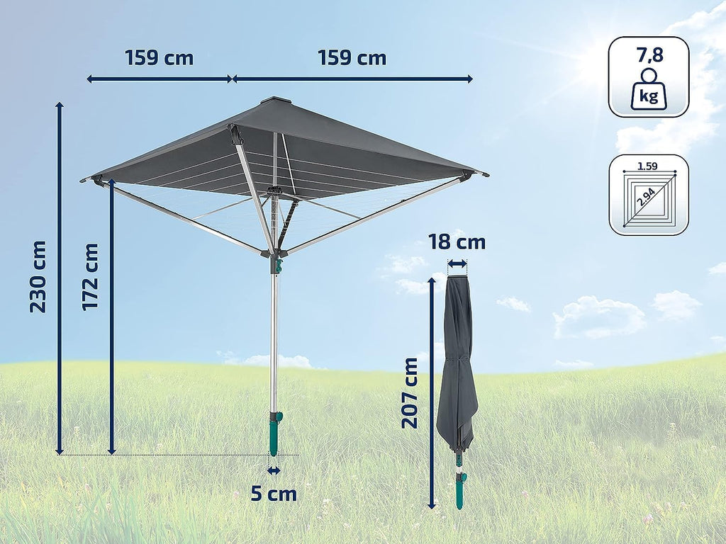 Tendedero tipo paraguas LinoProtect 400 con cubierta impermeable, tendedero de aluminio para exteriores, 40 m de cuerda, incluye base para suelo