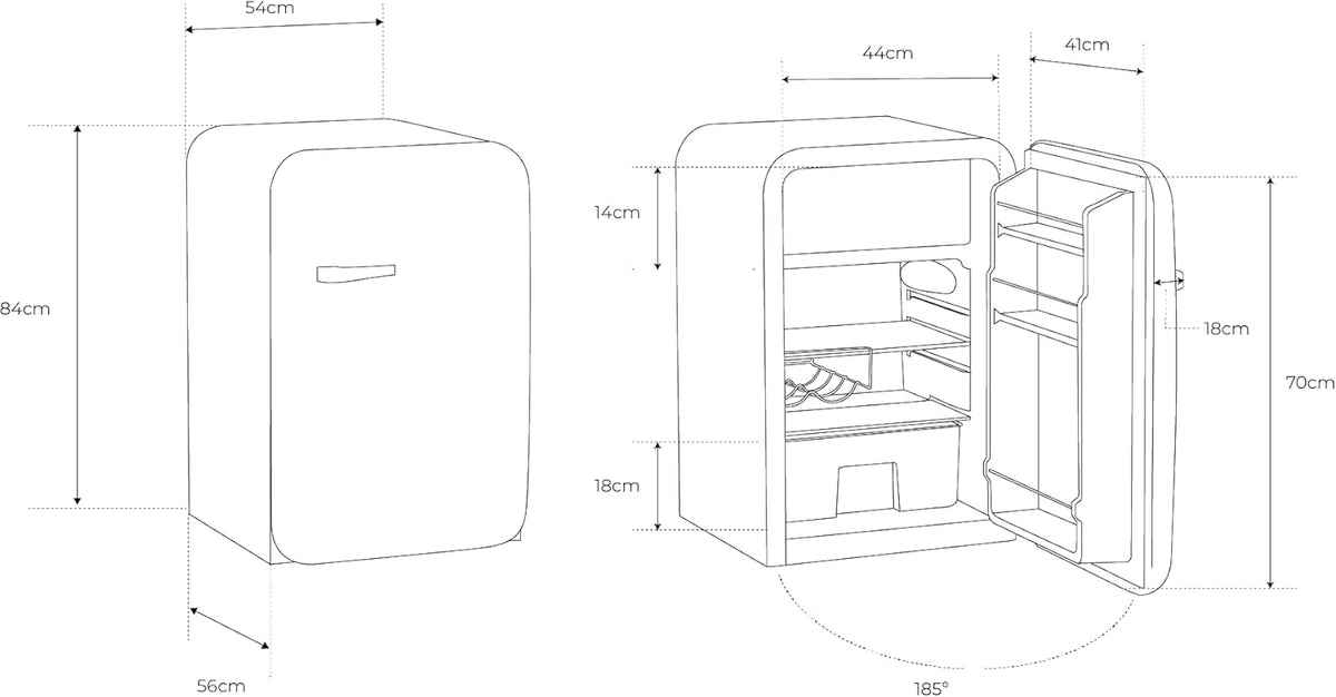 CREAR / RÉTRO FRIGO 83.5 PLATA/Refrigerador negro con manija dorada / 98W, bajo consumo, 2 estantes, regulador de temperatura, botellero, 56x54x84cm.