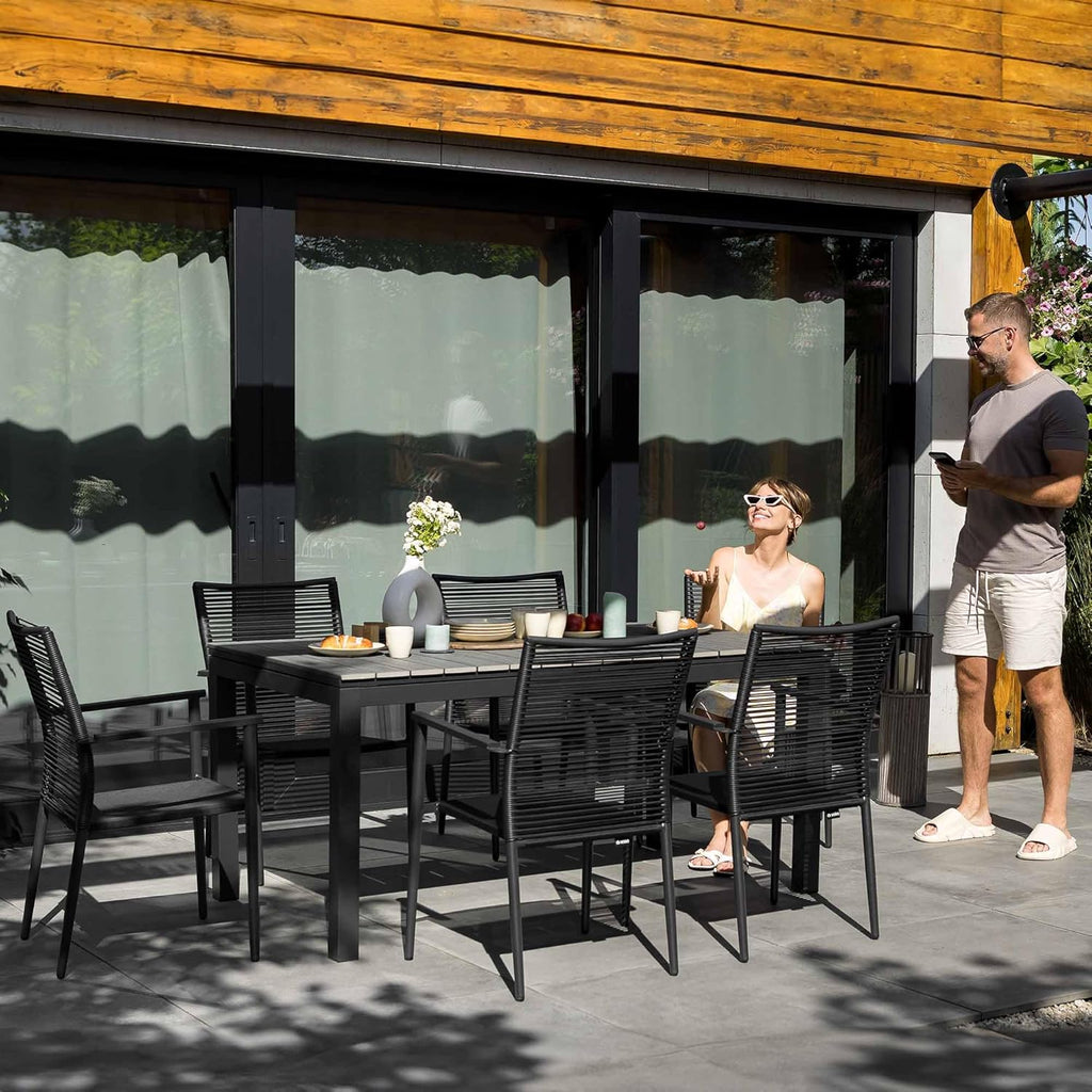 Mesa de jardín extensible di volio Drena 160x210 cm, mesa de terraza de aluminio resistente a la intemperie con aspecto de madera, mesa de comedor estable para jardín, terraza y balcón (gris)