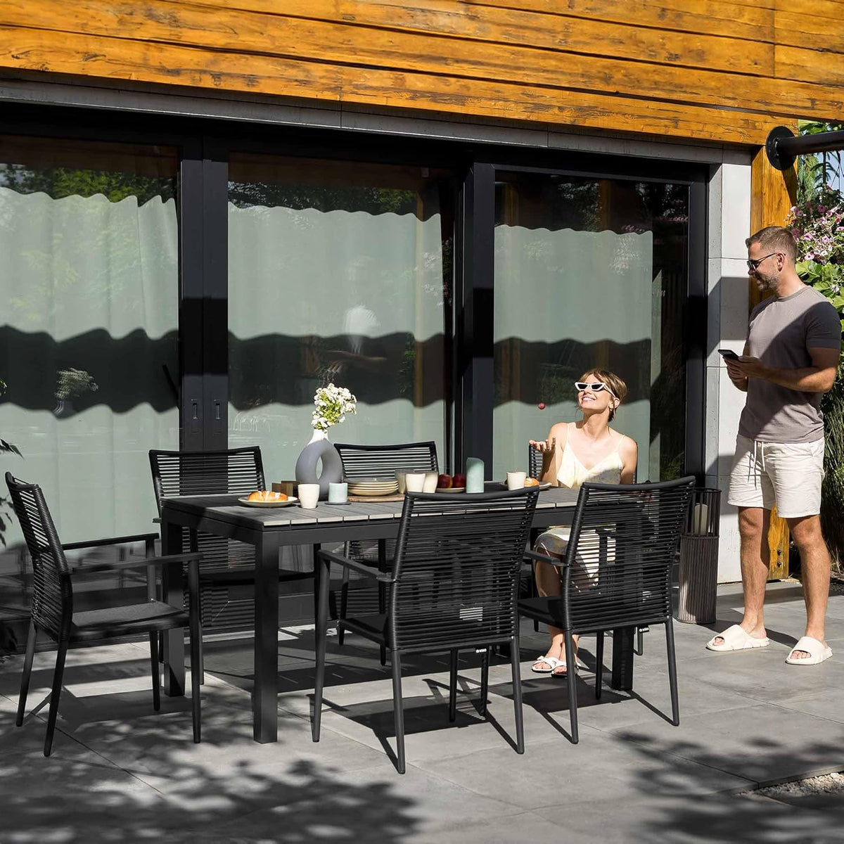 Mesa de jardín extensible di volio Drena 160x210 cm, mesa de terraza de aluminio resistente a la intemperie con aspecto de madera, mesa de comedor estable para jardín, terraza y balcón (gris)