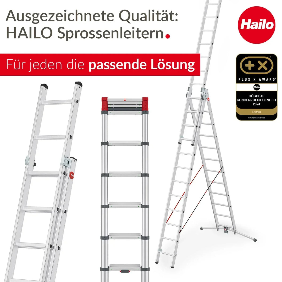 Escalera combinada Hailo S100 ProfiLOT de 3 tramos de aluminio, sistema LOT, 3x12 peldaños perfilados, 150 kg, inoxidable, plateada