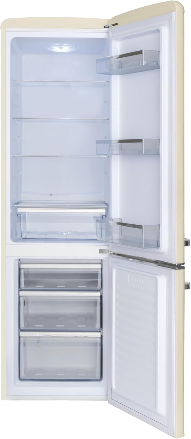 Frigorífico combi retro Amica 244 L 181 x 55 x 61,5 cm KGCR 387 101 B | 181 L frigorífico 63 L congelador, iluminación LED, descongelación automática, cristal de seguridad, botellero cromado, funcionamiento silencioso