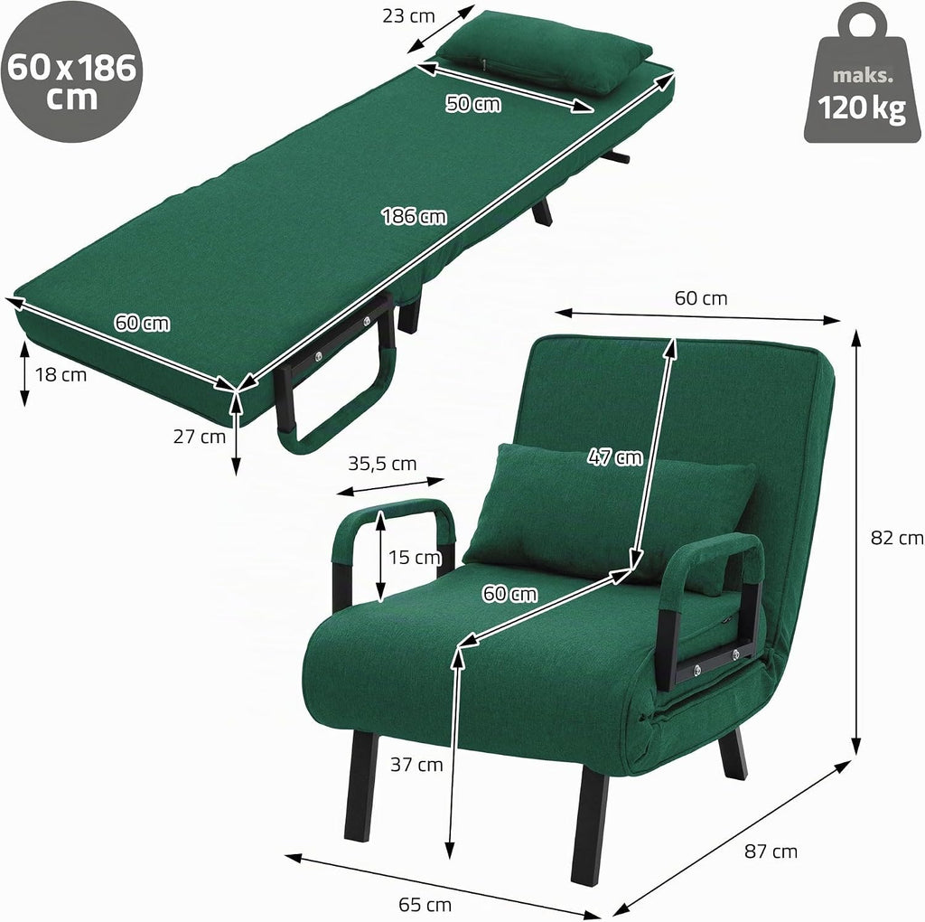 ML-Design Fotel Rozkladany 3 w 1 z Funkcja Spania, Skladany z Regulowanym Oparciem, Rozkladana Sofa dla Gosci, Lózko Jednoosobowe Stelaz Stalowy Miekka Tkanina Chenille Wygodny do Salonu Ciemnozielony