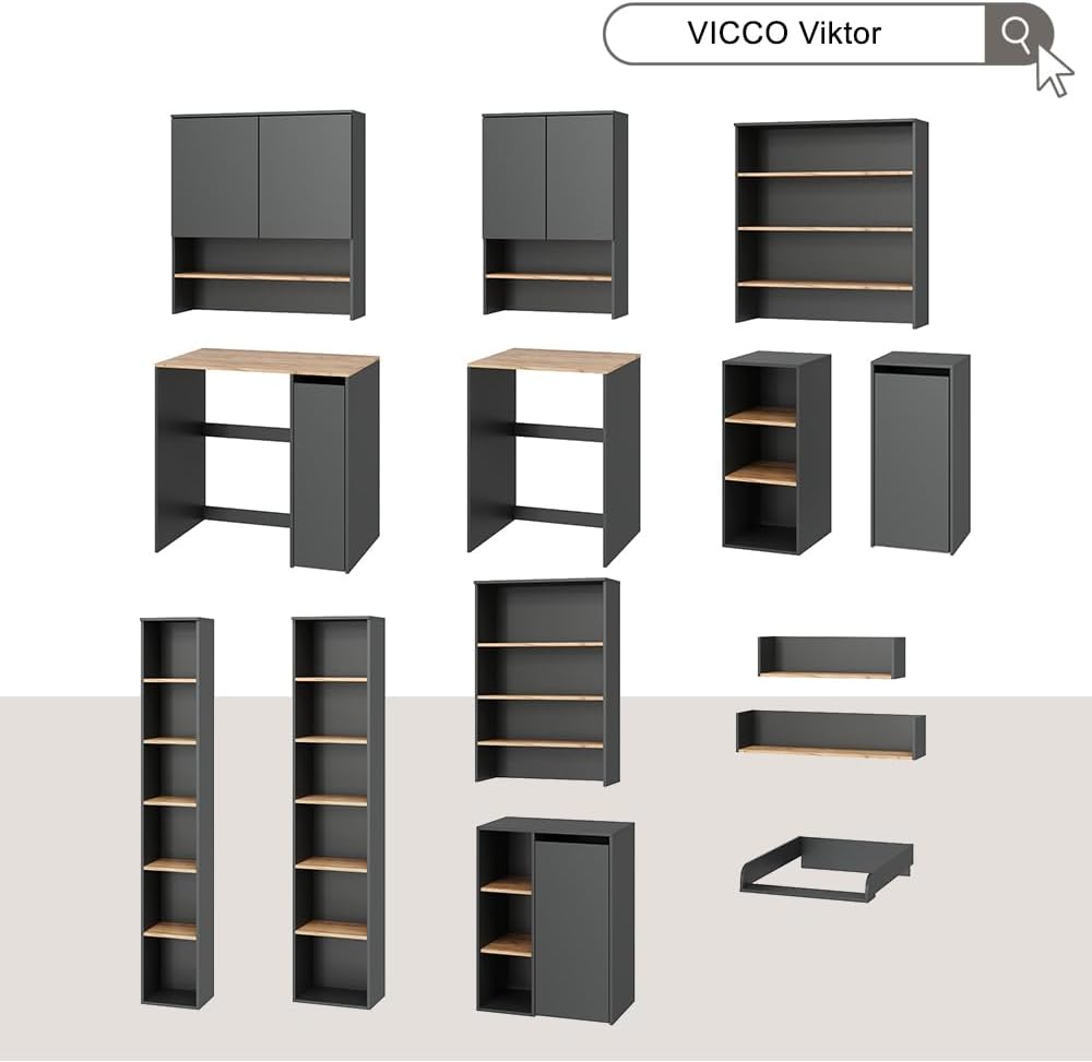 Armario para lavadora Vicco Viktor, antracita/roble dorado, 68 x 88,2 cm, 2 piezas con estante, adecuado para el almacenamiento de detergente y toallas