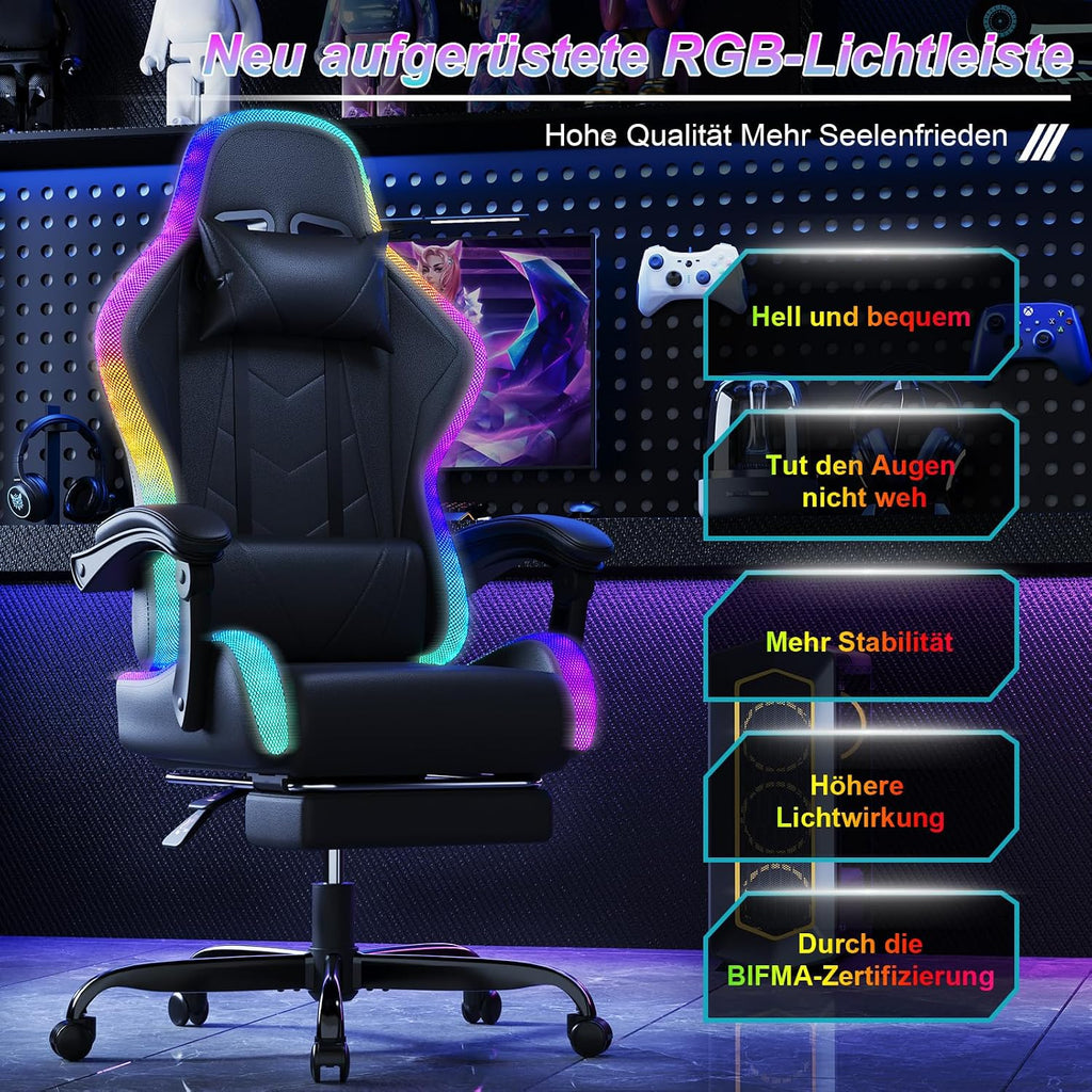 Silla gaming LED Devoko – Silla de oficina ergonómica con función de masaje y reposapiés telescópico, respaldo ajustable (90-135°), para gamers de hasta 150 kg, diseño que cuida la vista, negro