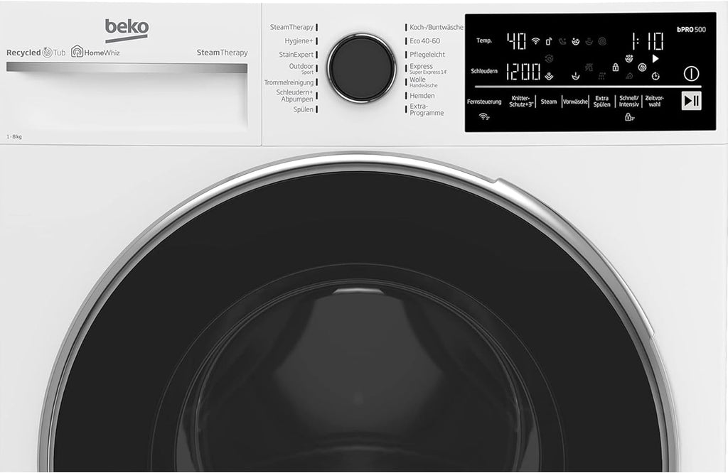 Lavadora Beko 8 kg, Stiftung Warentest BIEN (1,9)*, 1400 rpm, función de vapor SteamCure, tambor protector AquaWave, programa StainExpert, B5WFT78410W, blanco