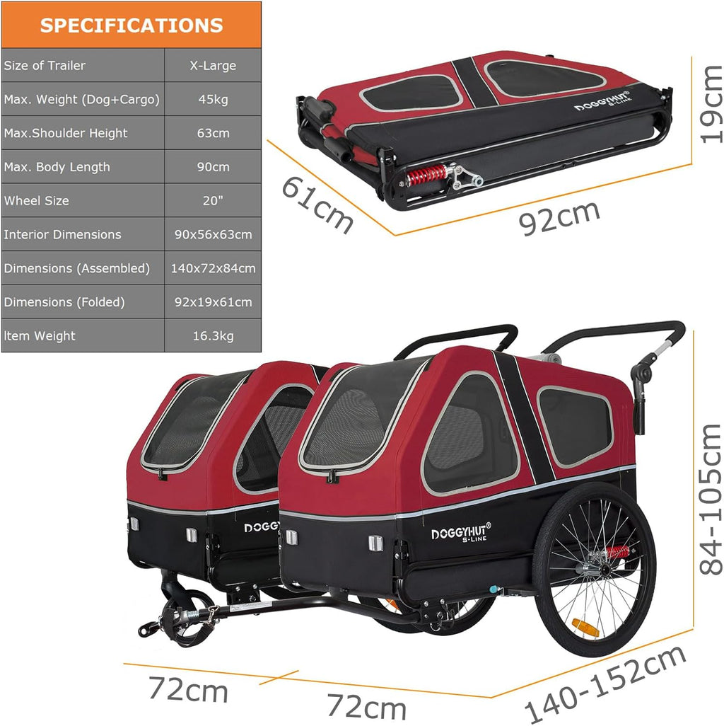 Doggyhut S-Line XL Remolque y cochecito para perros con suspensión 2 en 1, remolque de bicicleta para perros y jogger con suspensión hasta 45 kg